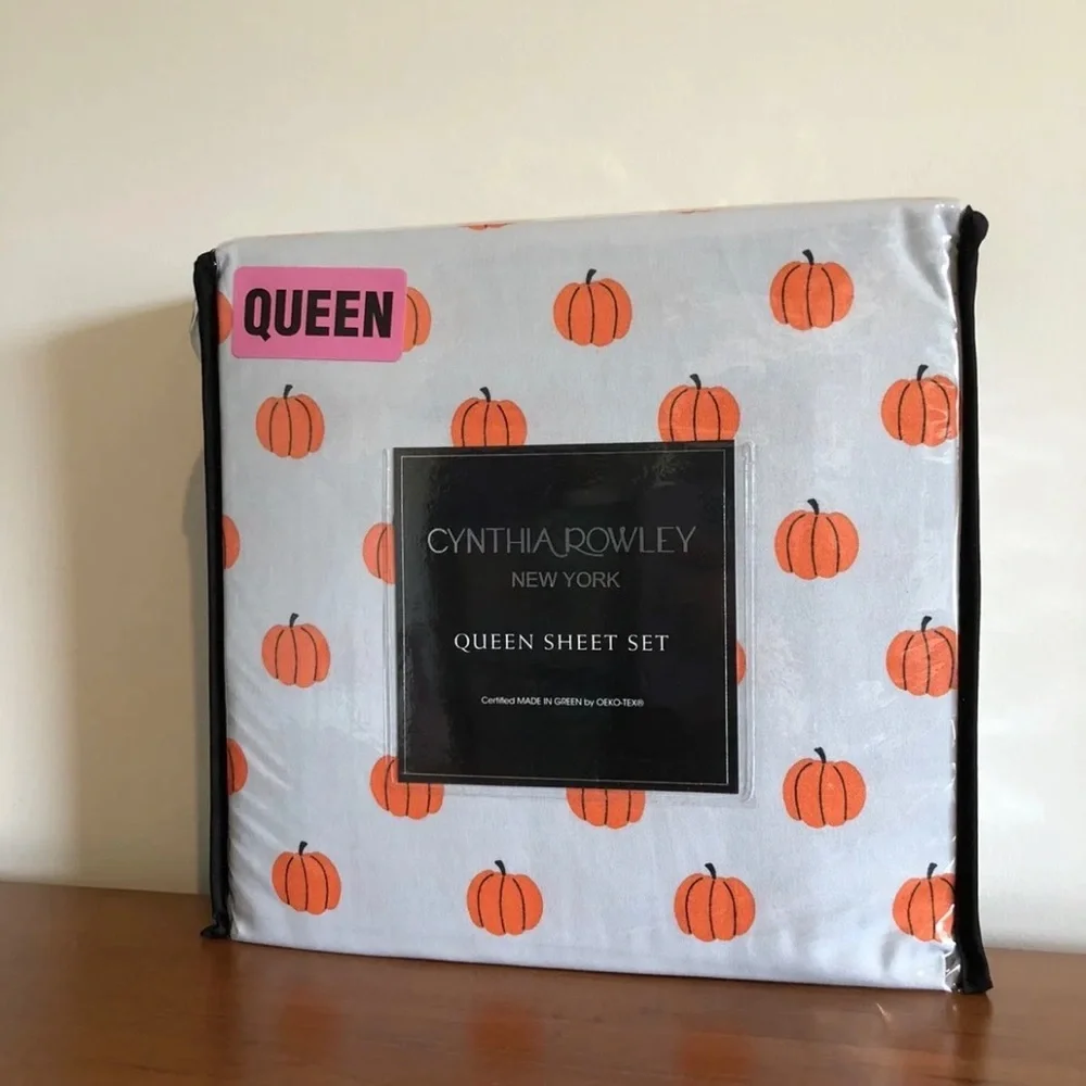 New Cynthia Rowley Cute Fall Pumpkins 4 Piece Queen Sheet Set 100% Microfiber